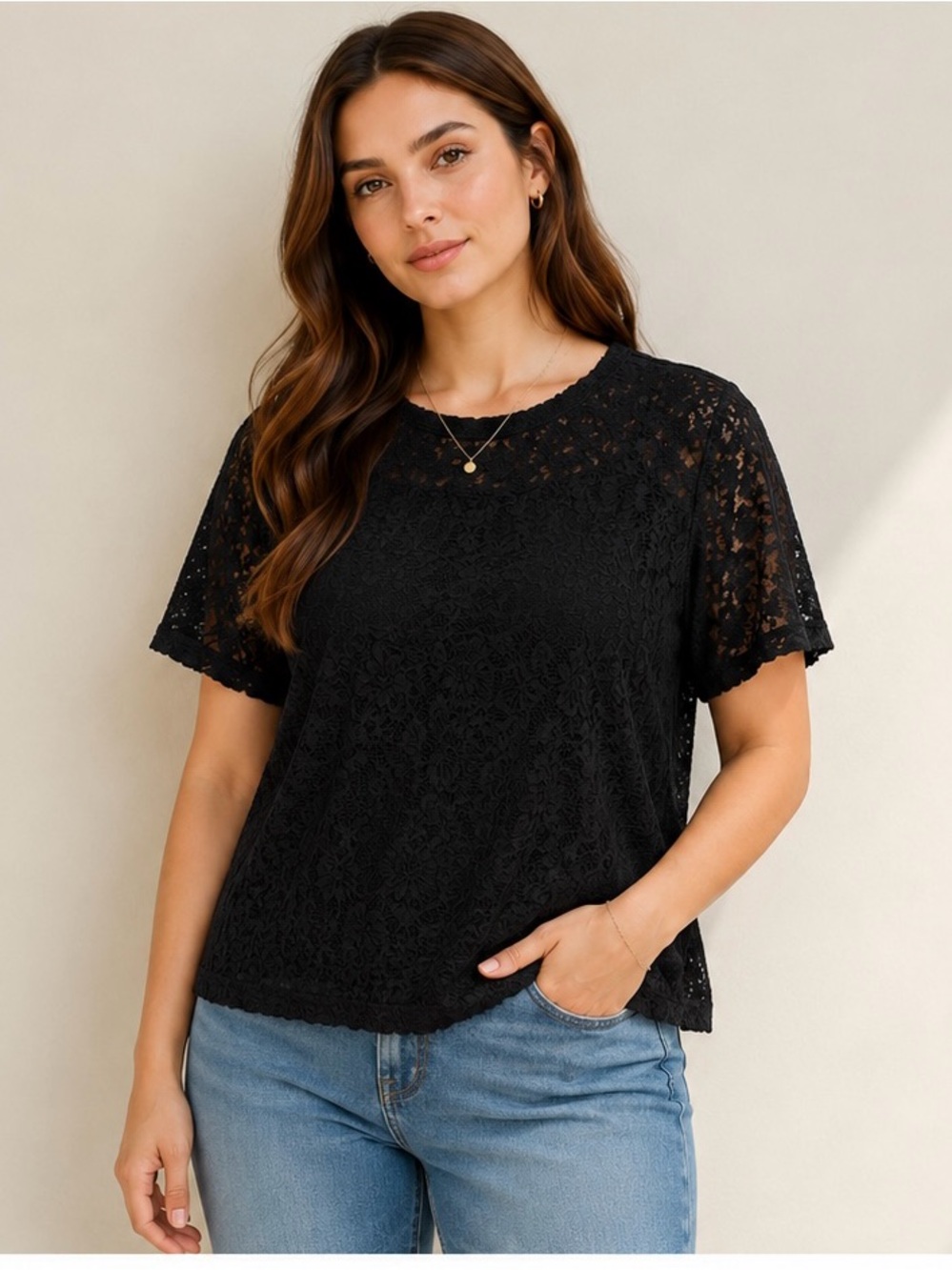 Jonden Black Lace Blouse Short Sleeve Floral Lace Top XL